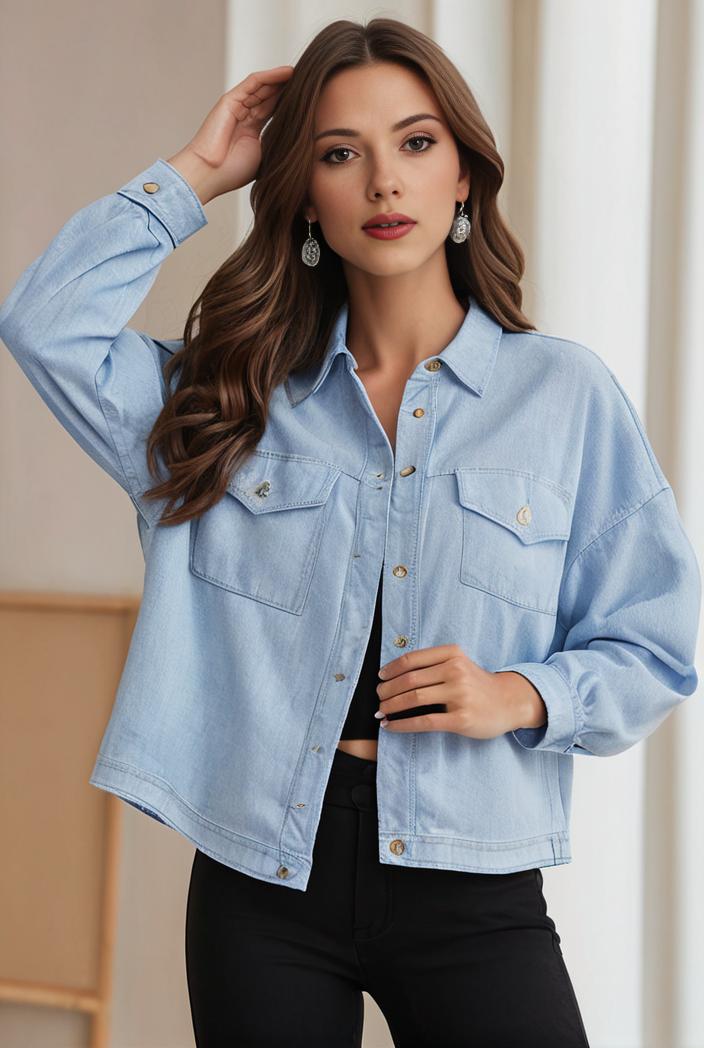 women s distressed blue denim jacket with flap pockets and lapel stylish long sleeve coat 116932
