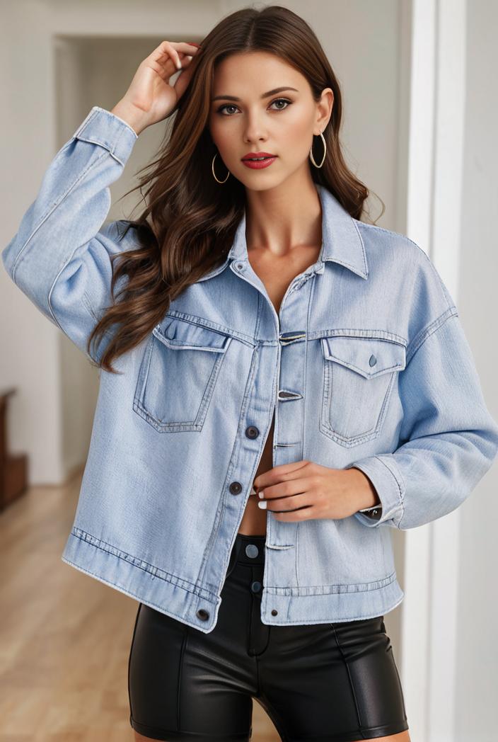women s distressed blue denim jacket with flap pockets and lapel stylish long sleeve coat 116934