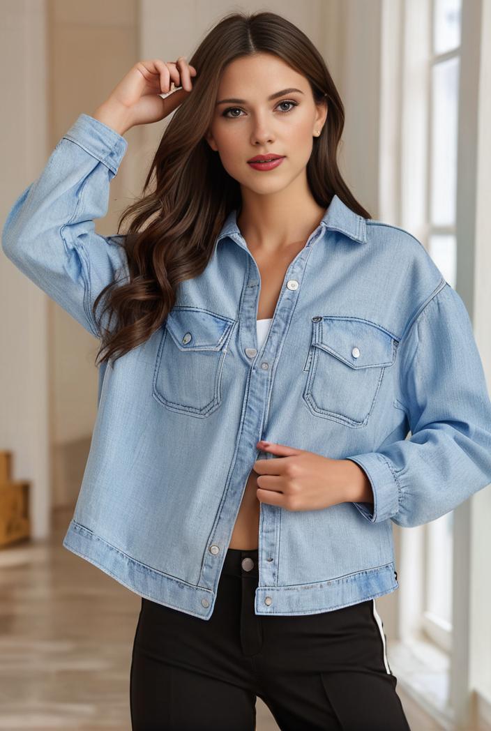 women s distressed blue denim jacket with flap pockets and lapel stylish long sleeve coat 116936