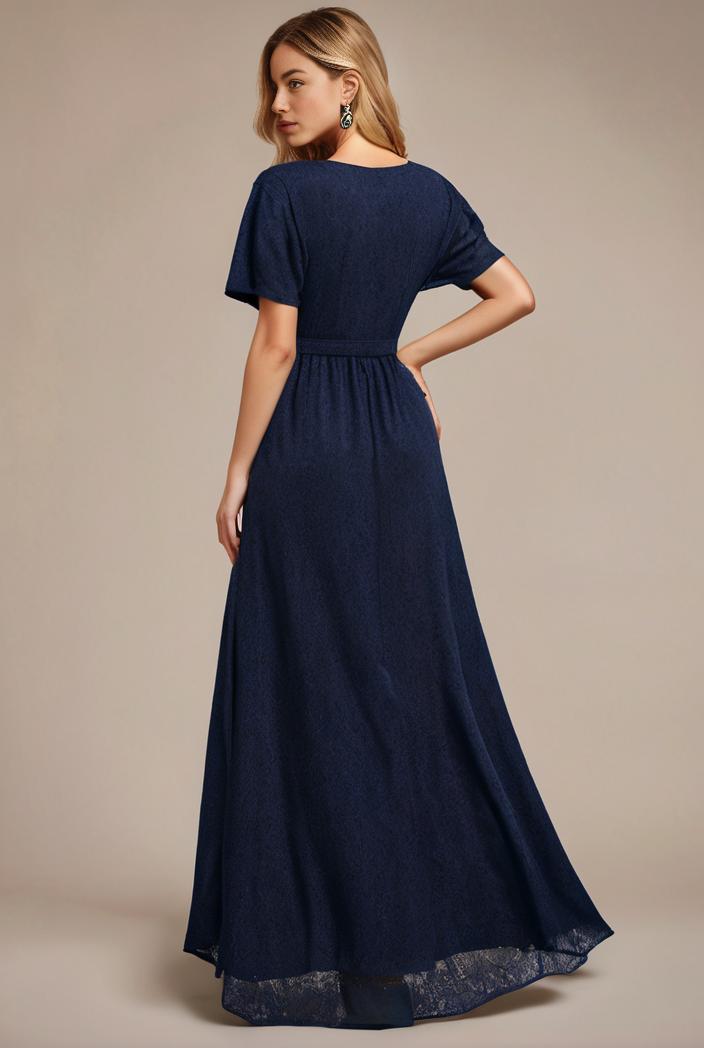 glitter high low front side slit ruffled v neck evening dress 134351