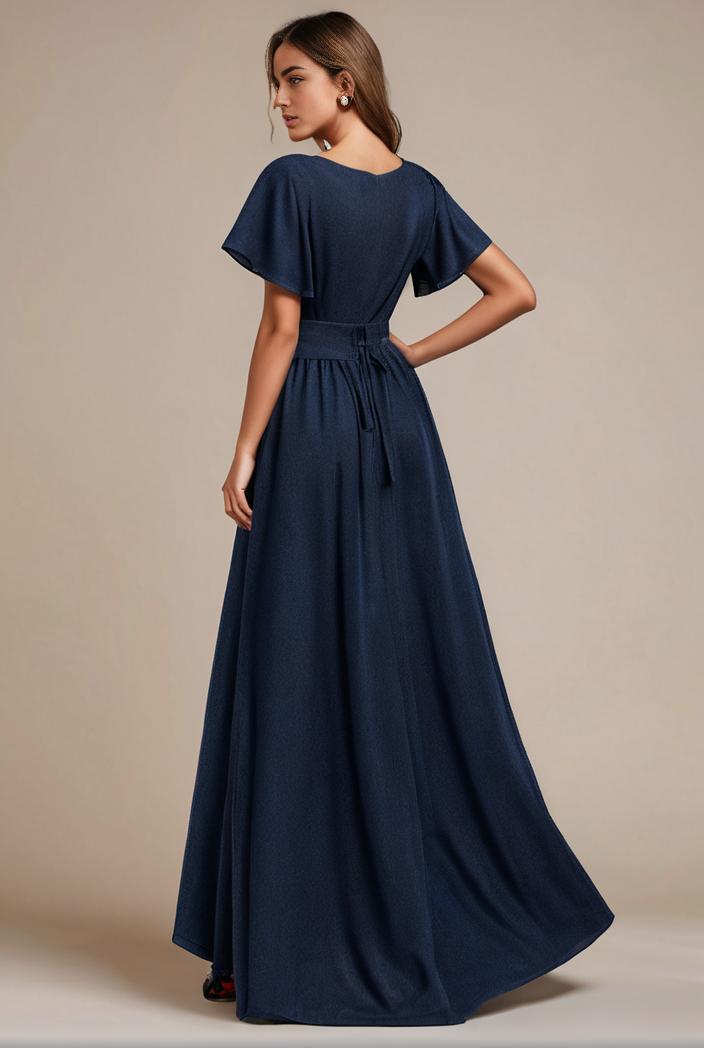 glitter high low front side slit ruffled v neck evening dress 134352