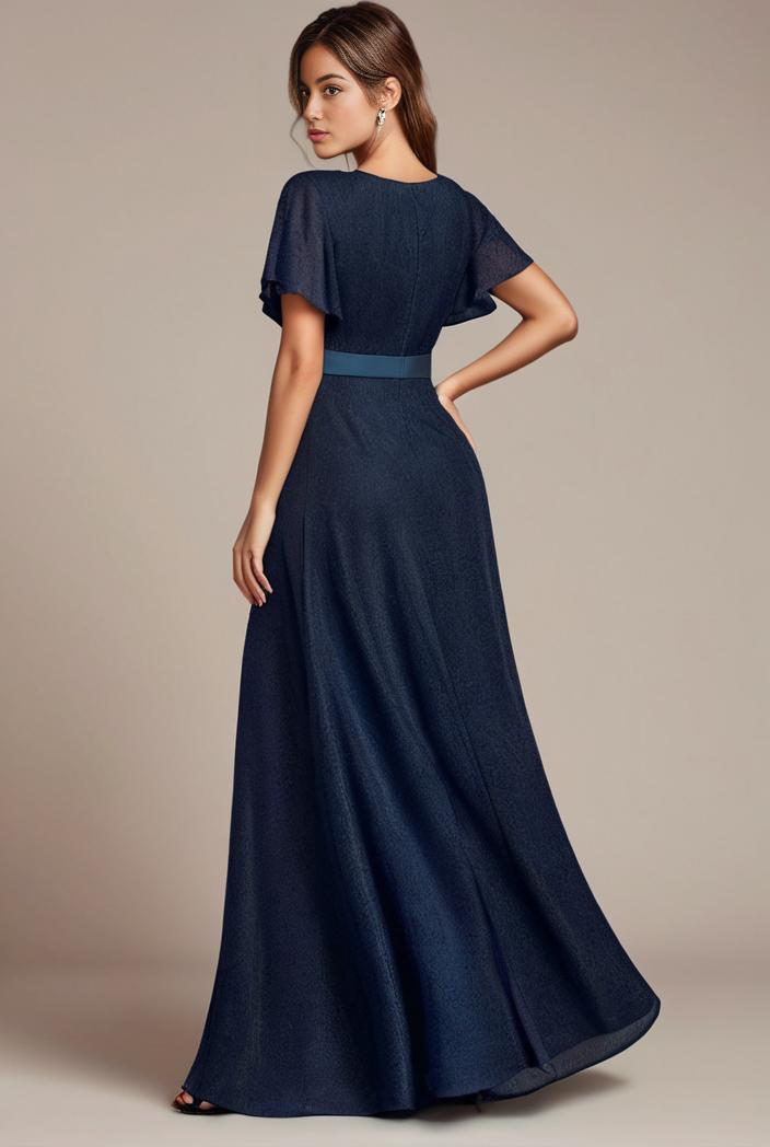 glitter high low front side slit ruffled v neck evening dress 134354