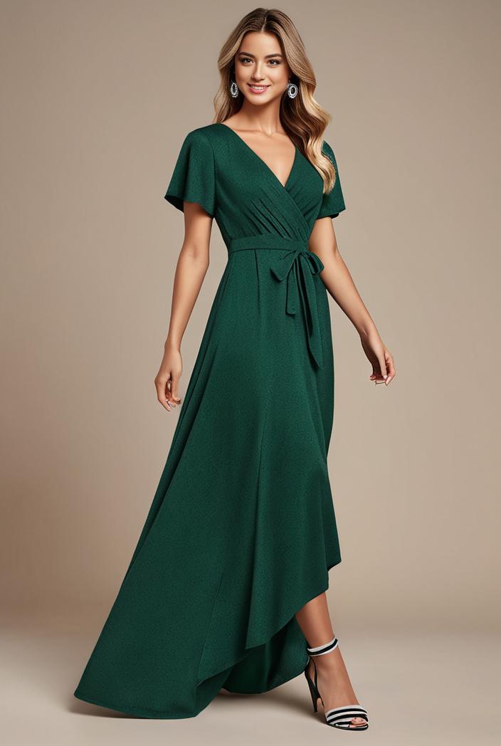 glitter high low front side slit ruffled v neck evening dress 134355