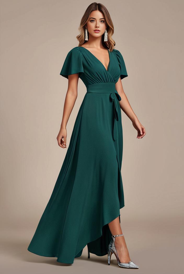glitter high low front side slit ruffled v neck evening dress 134356