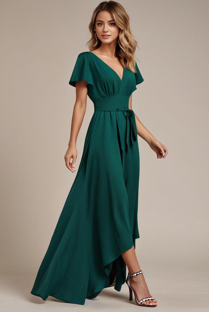 glitter high low front side slit ruffled v neck evening dress 134357
