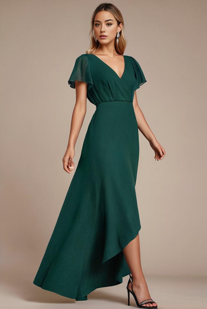 glitter high low front side slit ruffled v neck evening dress 134358