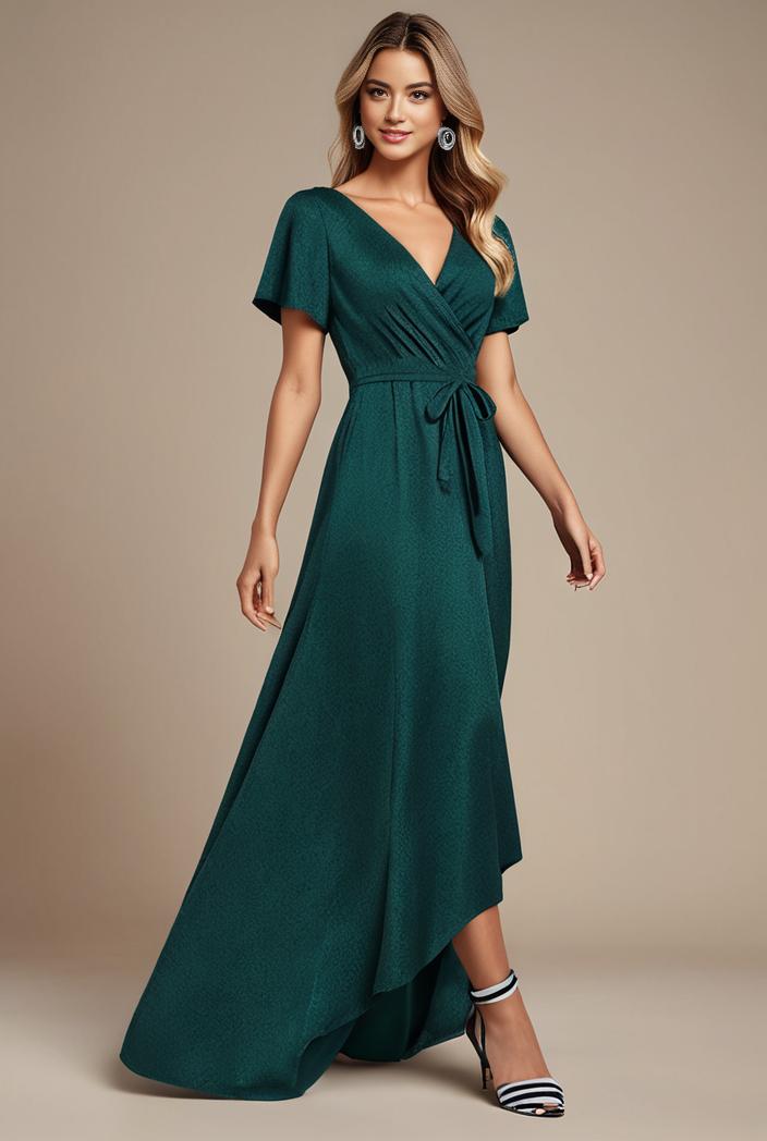 glitter high low front side slit ruffled v neck evening dress 134373