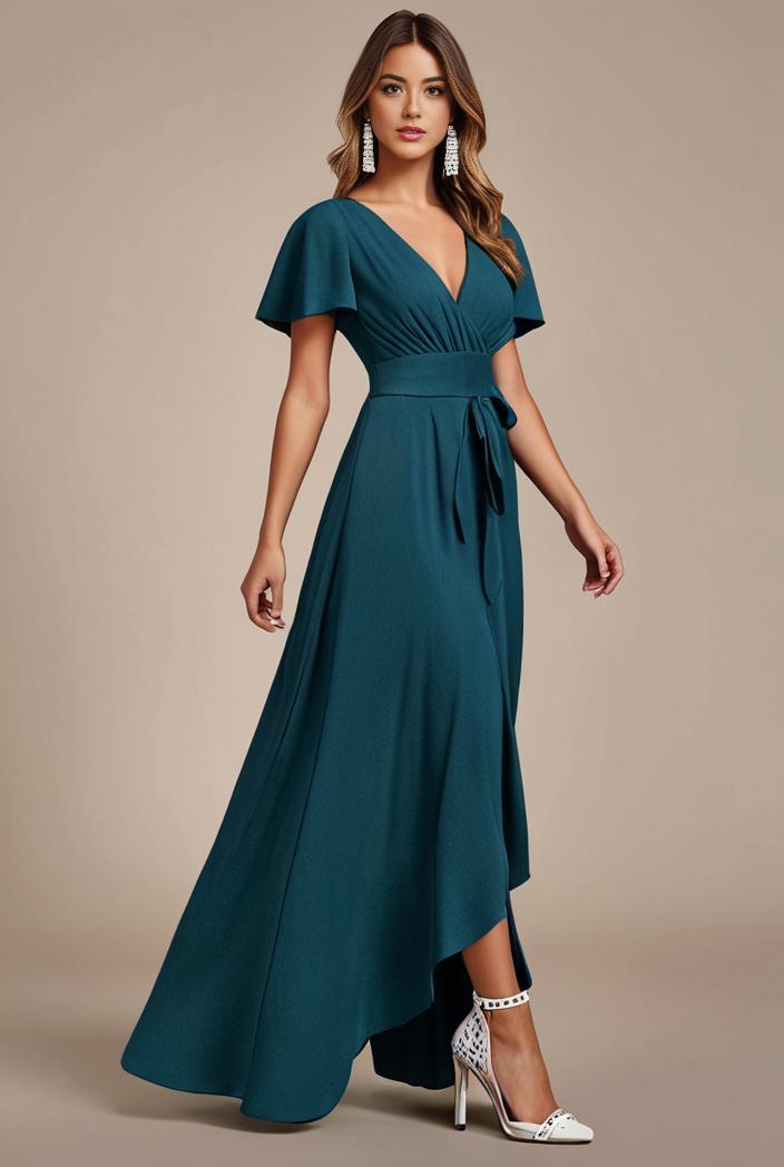 glitter high low front side slit ruffled v neck evening dress 134371