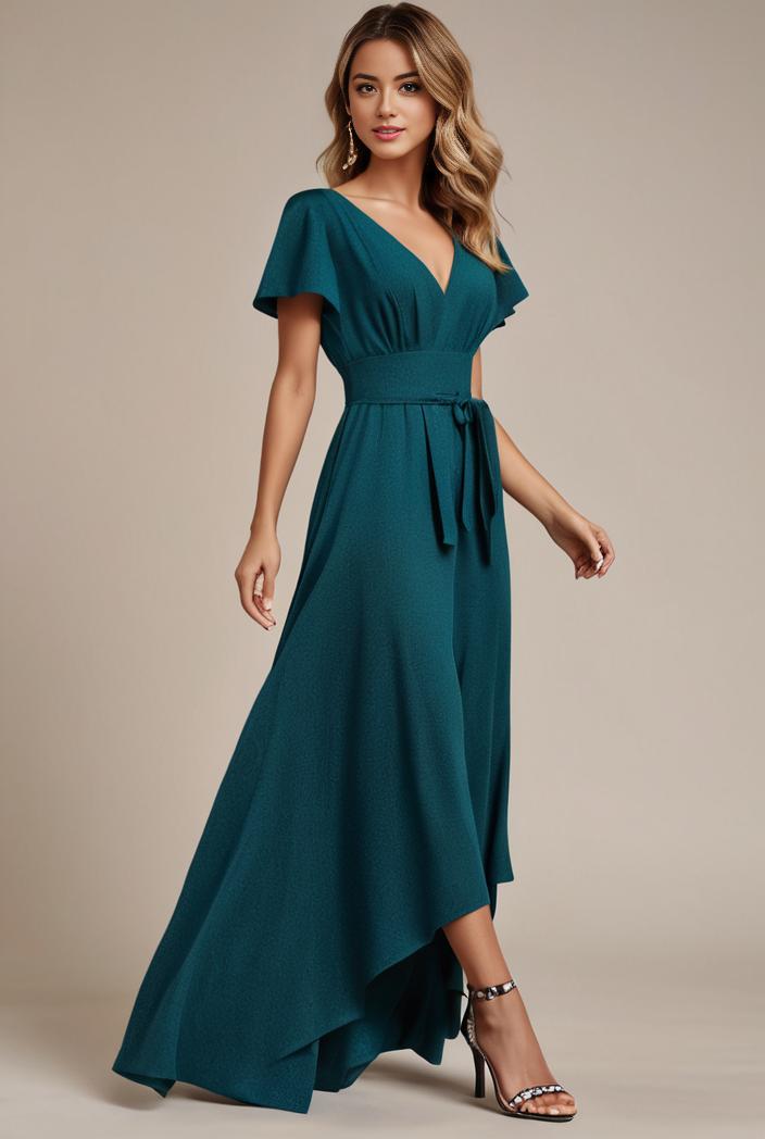 glitter high low front side slit ruffled v neck evening dress 134372