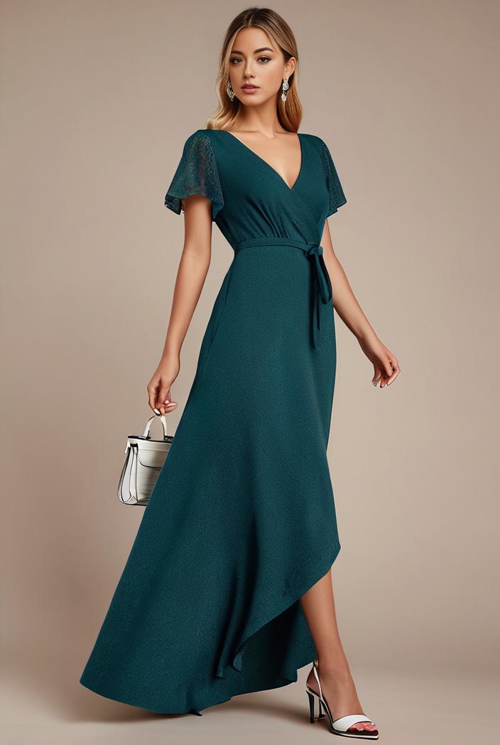 glitter high low front side slit ruffled v neck evening dress 134374