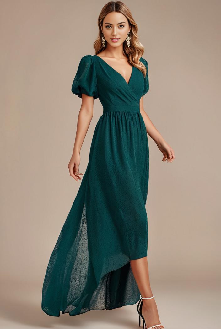 glitter high low front side slit ruffled v neck evening dress 134375