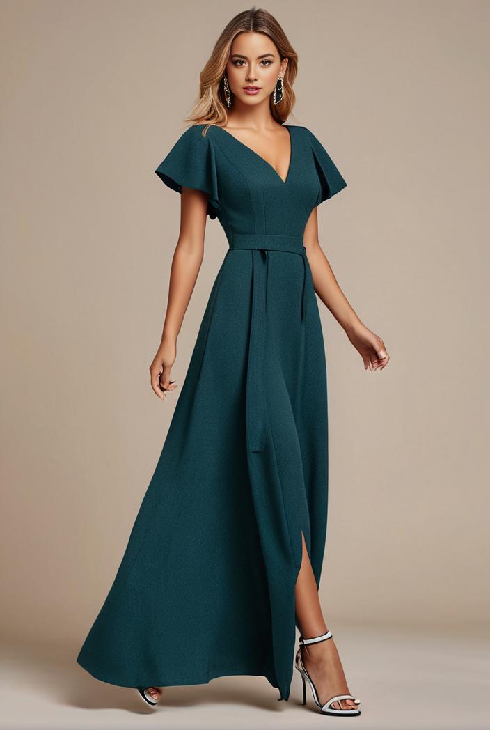 glitter high low front side slit ruffled v neck evening dress 134376