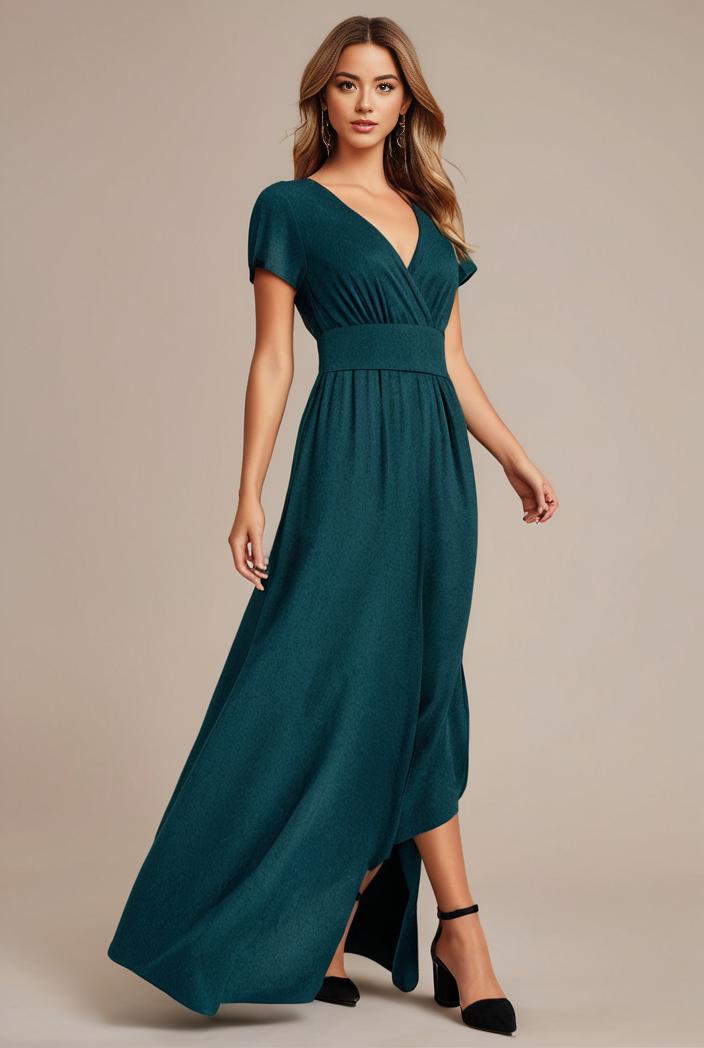 glitter high low front side slit ruffled v neck evening dress 134377