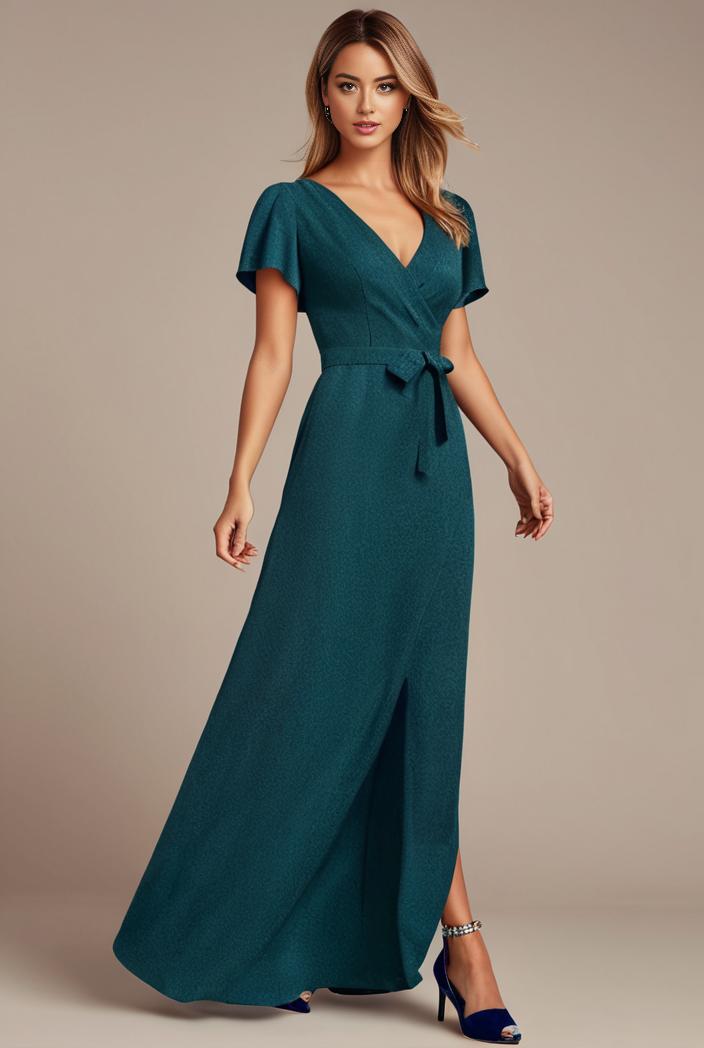 glitter high low front side slit ruffled v neck evening dress 134378