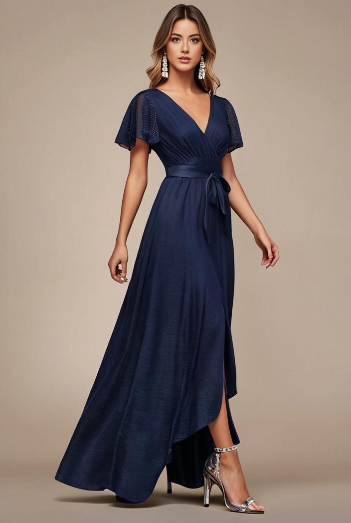 glitter high low front side slit ruffled v neck evening dress 134380