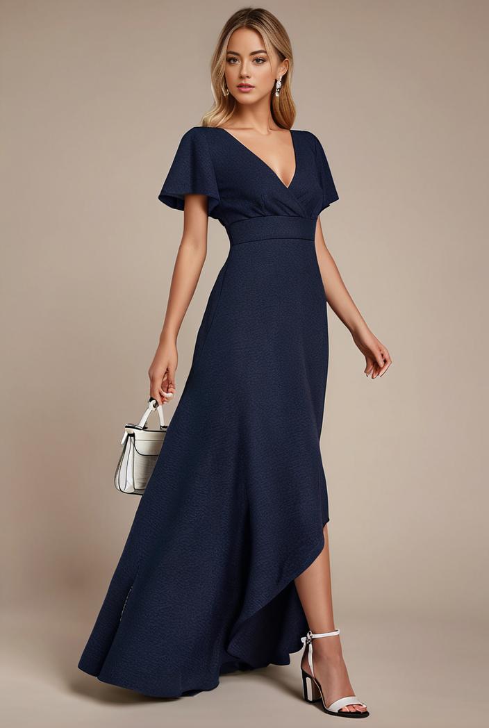 glitter high low front side slit ruffled v neck evening dress 134382