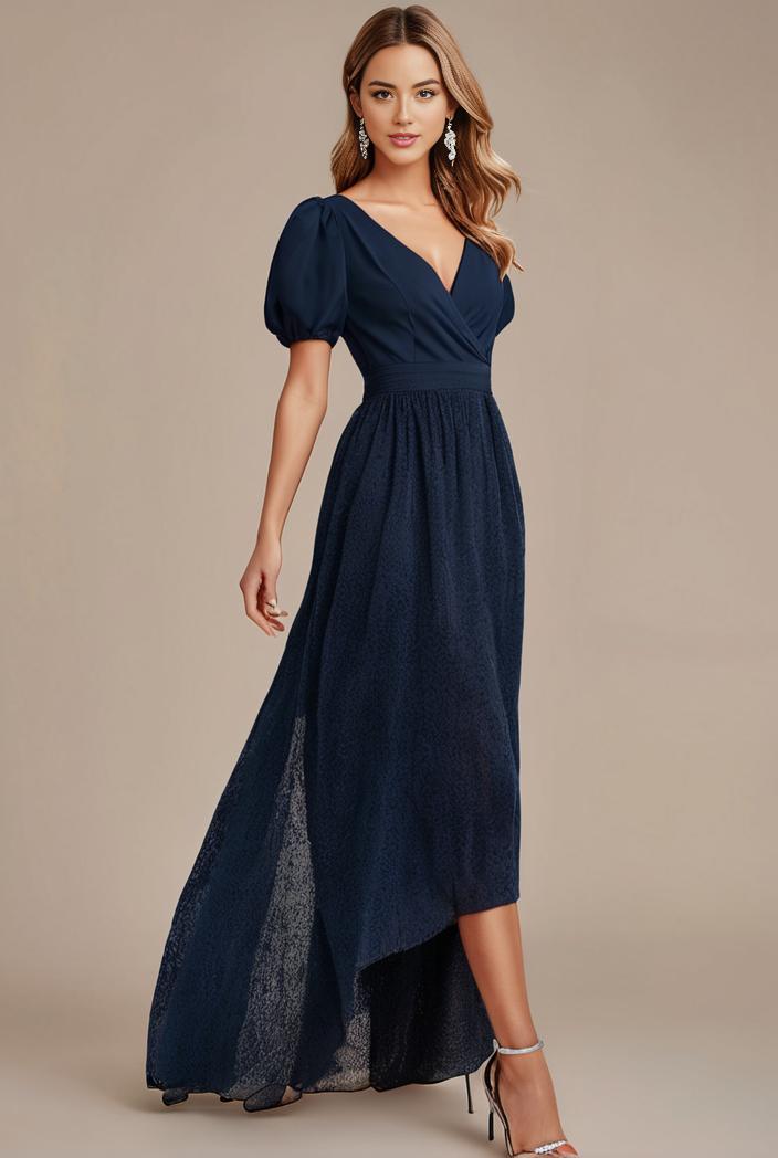 glitter high low front side slit ruffled v neck evening dress 134383