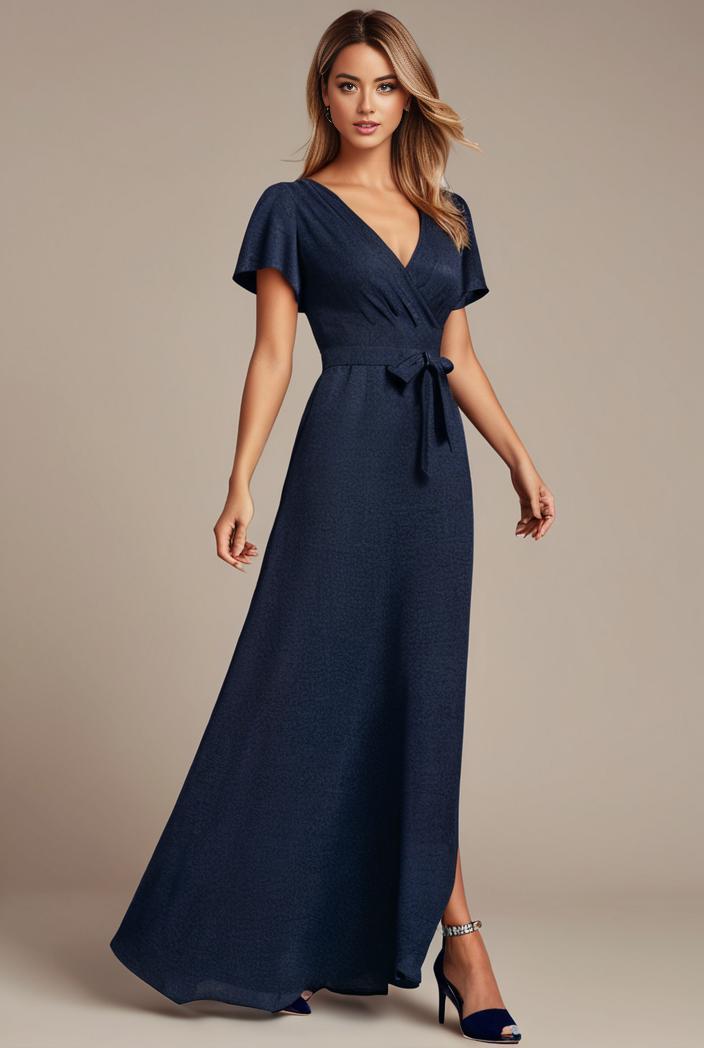 glitter high low front side slit ruffled v neck evening dress 134386