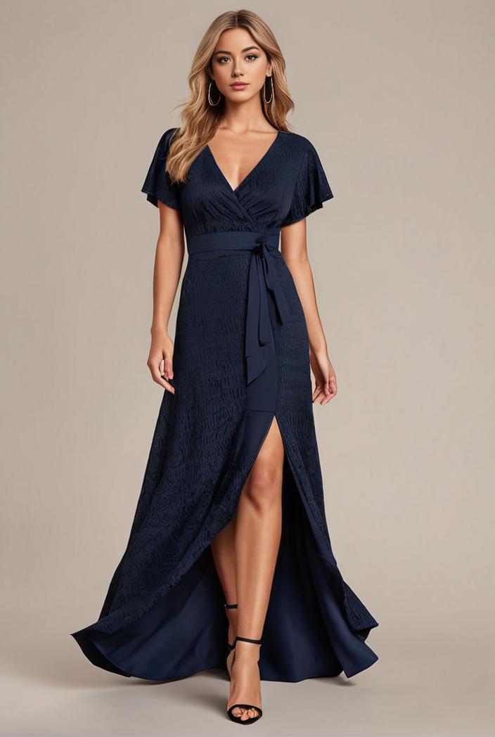 glitter high low front side slit ruffled v neck evening dress 134393