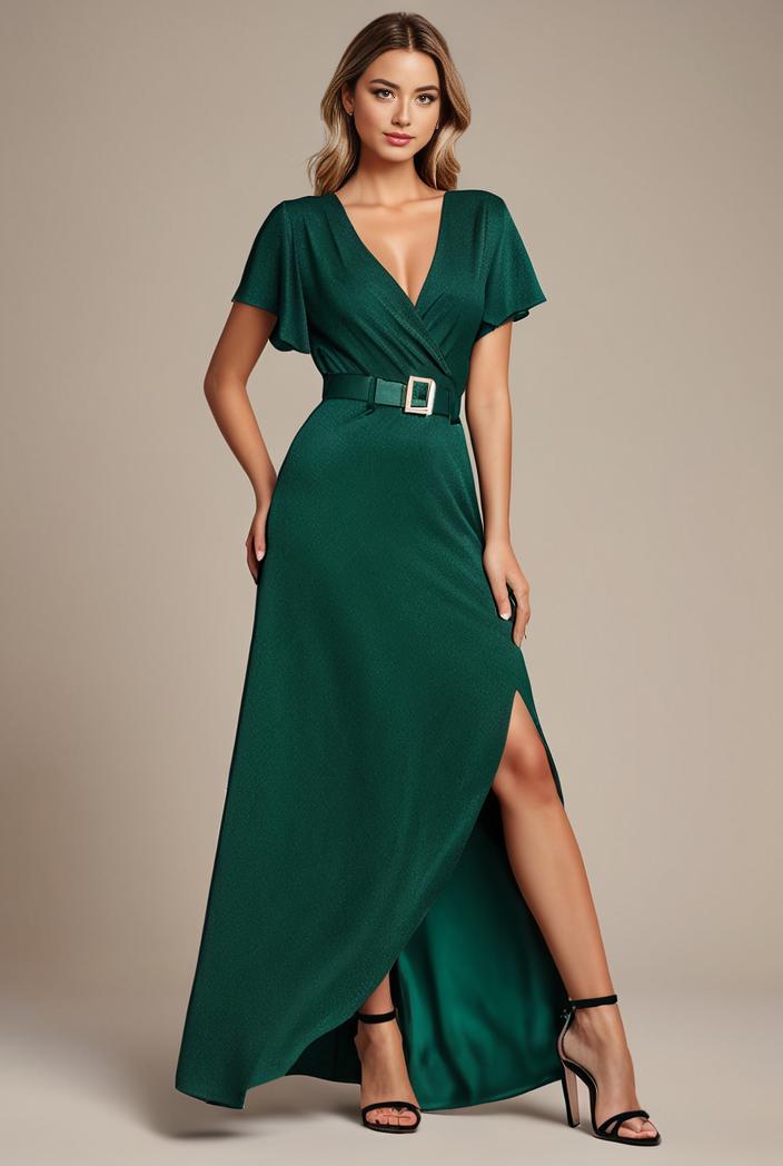 glitter high low front side slit ruffled v neck evening dress 134403