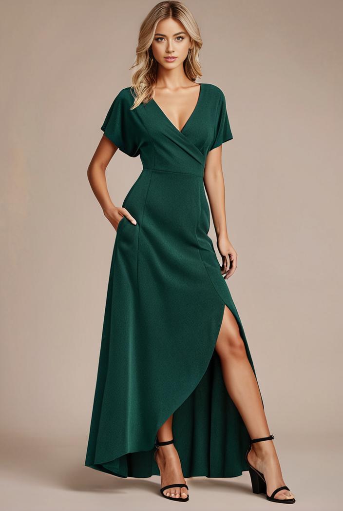 glitter high low front side slit ruffled v neck evening dress 134407