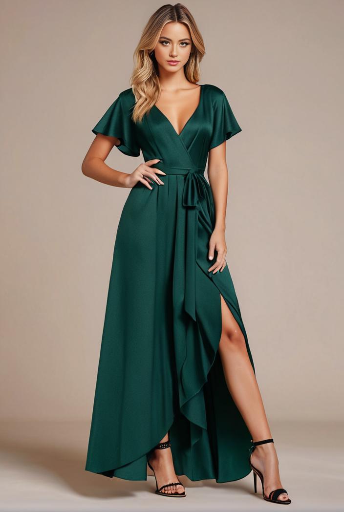 glitter high low front side slit ruffled v neck evening dress 134408