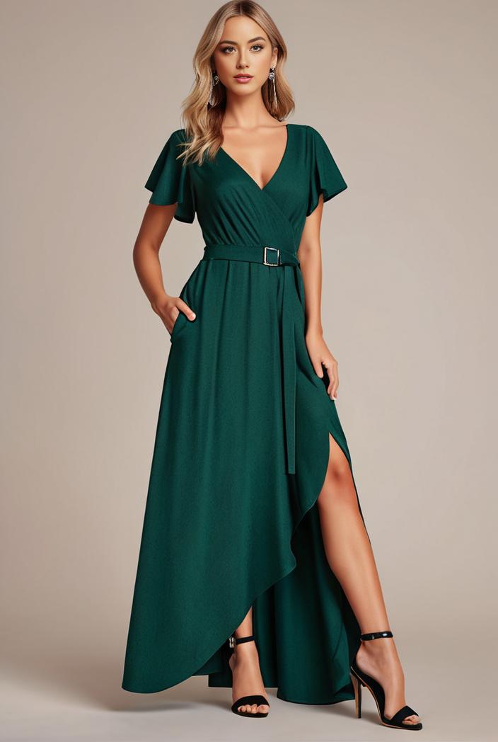 glitter high low front side slit ruffled v neck evening dress 134409