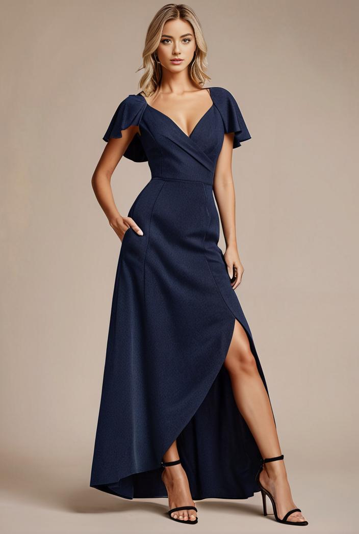 glitter high low front side slit ruffled v neck evening dress 134415