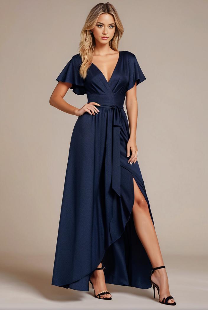glitter high low front side slit ruffled v neck evening dress 134416