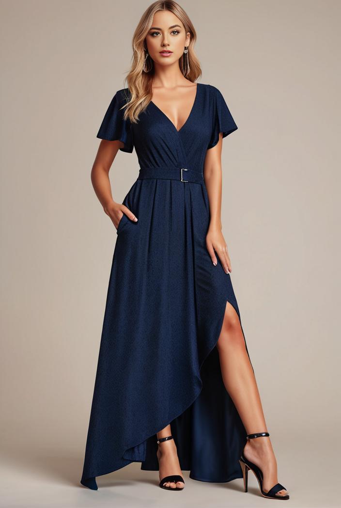 glitter high low front side slit ruffled v neck evening dress 134417