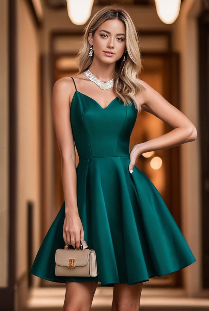 pleated satin a line double spaghetti strap v neck homecoming dress 136425