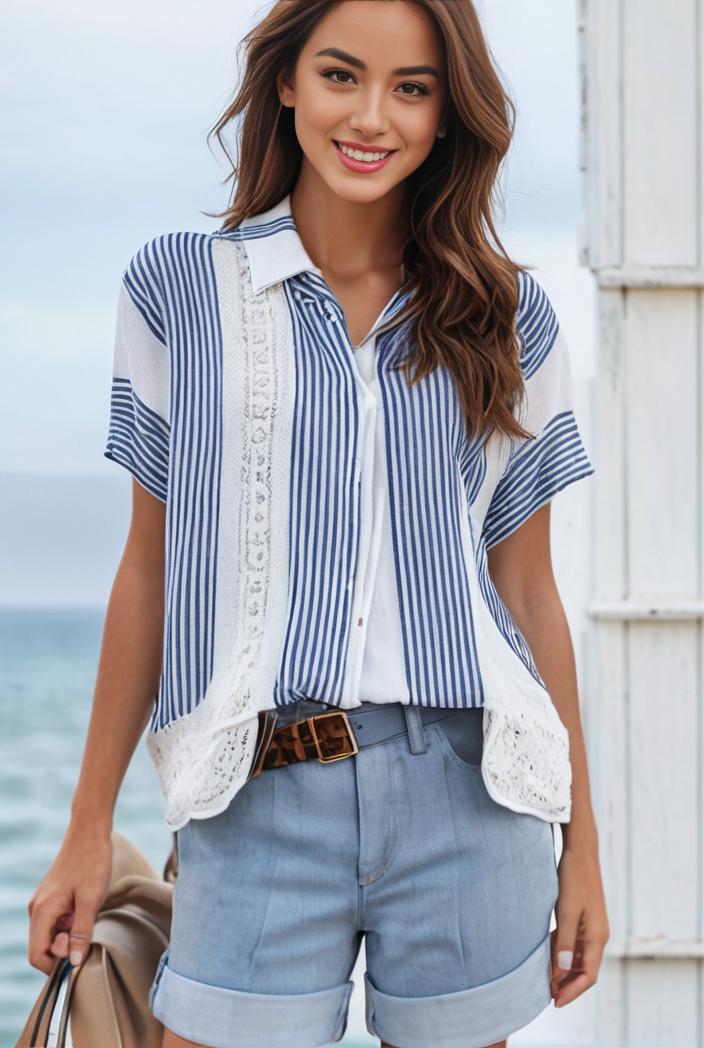 v neck thin loose plaid short sleeved blouse 129369
