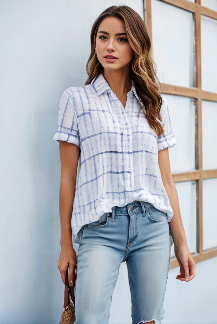 v neck thin loose plaid short sleeved blouse 129381