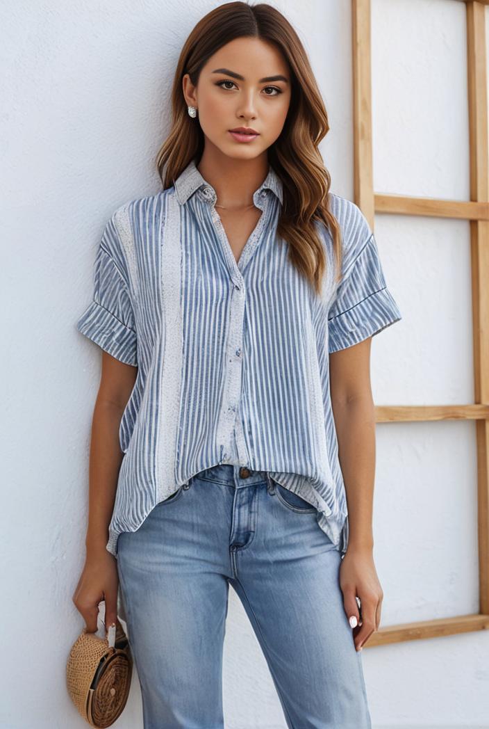 v neck thin loose plaid short sleeved blouse 129391