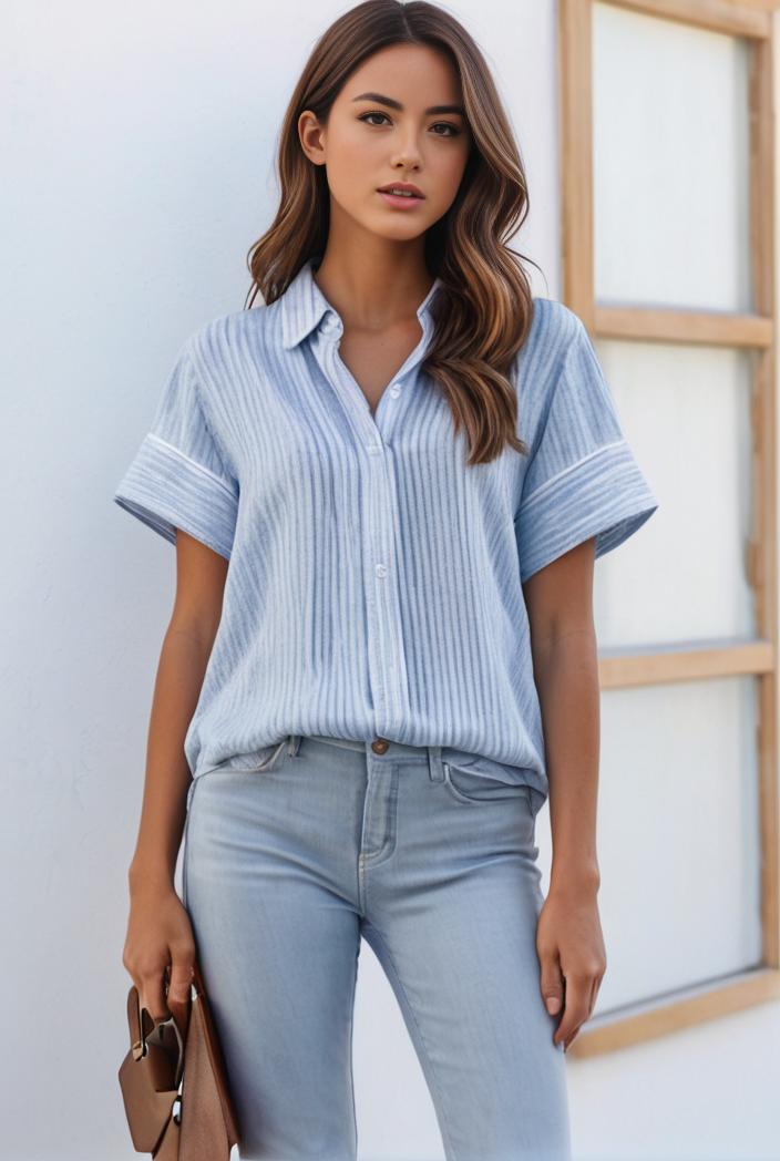 v neck thin loose plaid short sleeved blouse 129393