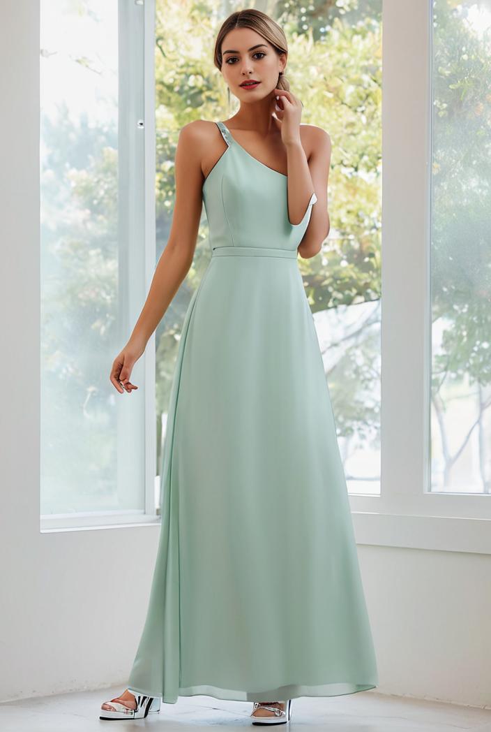 flowy chiffon one shoulder with three straps bridesmaid dress 126822