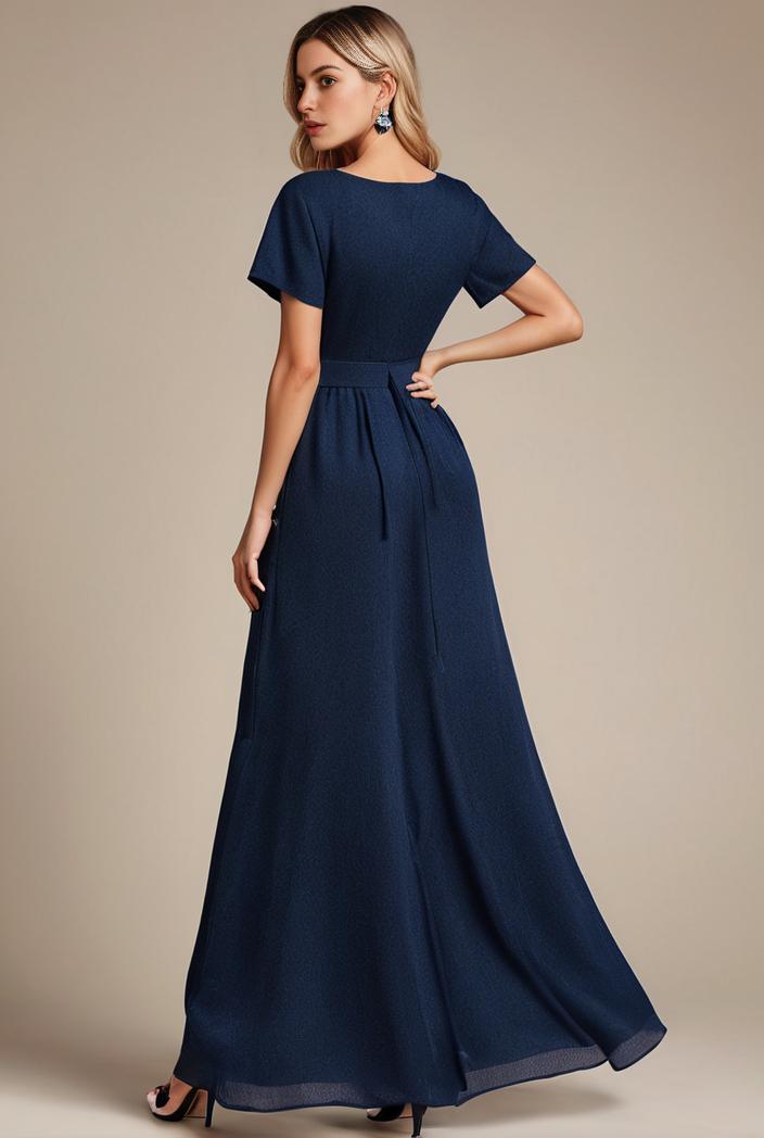 glitter high low front side slit ruffled v neck evening dress 126950