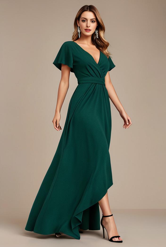 glitter high low front side slit ruffled v neck evening dress 126953