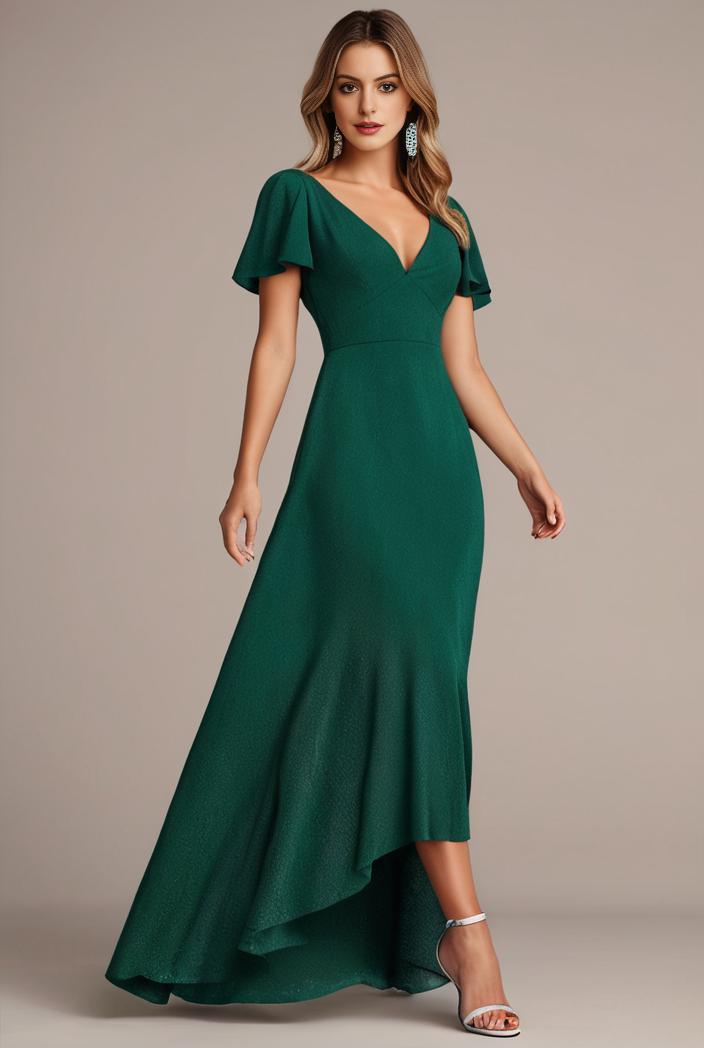 glitter high low front side slit ruffled v neck evening dress 126956