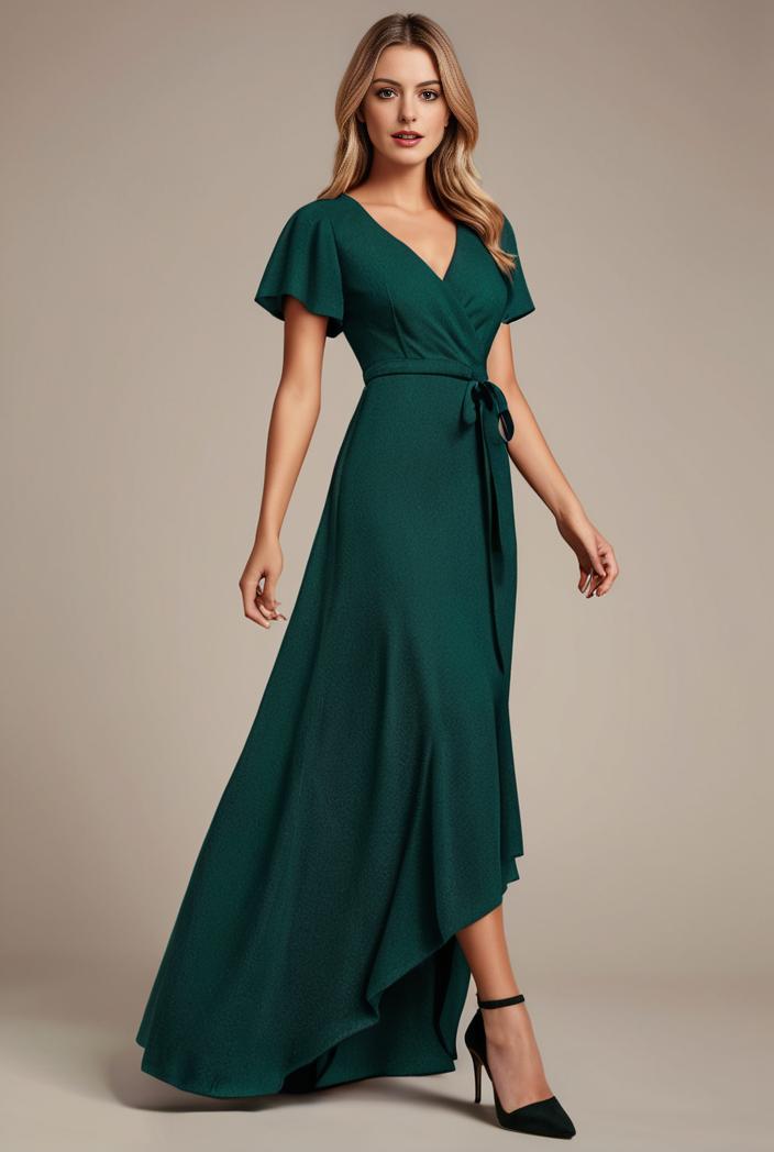 glitter high low front side slit ruffled v neck evening dress 126957
