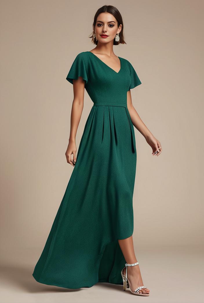 glitter high low front side slit ruffled v neck evening dress 126958