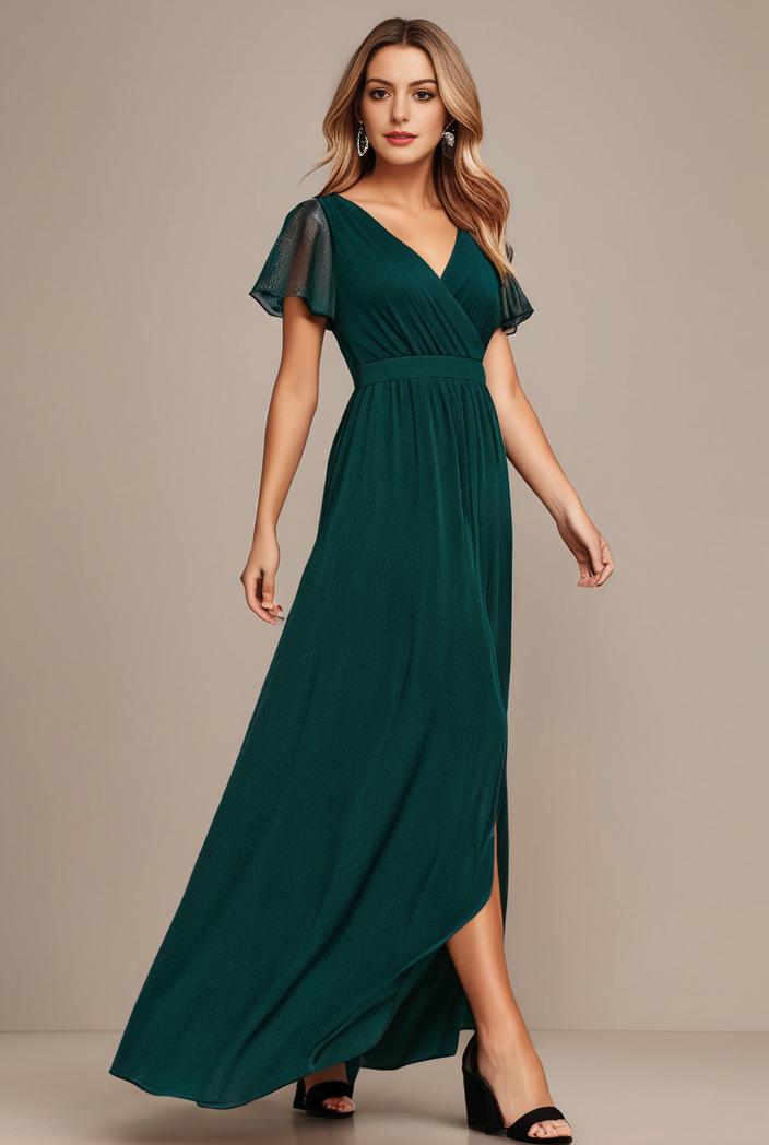 glitter high low front side slit ruffled v neck evening dress 126960