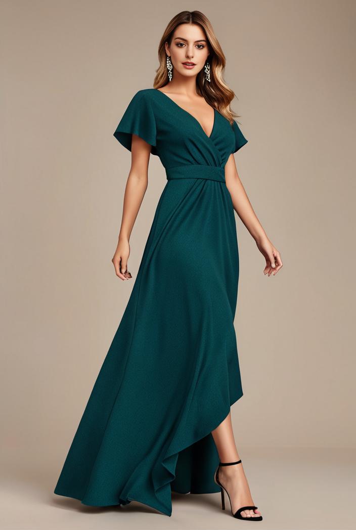 glitter high low front side slit ruffled v neck evening dress 126969