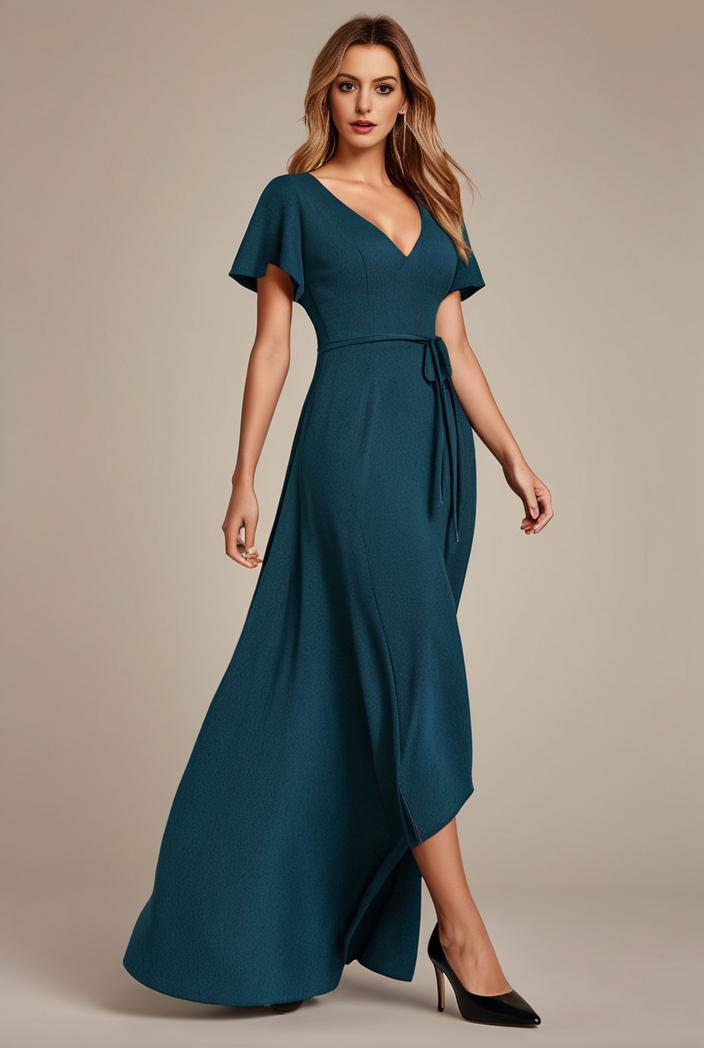 glitter high low front side slit ruffled v neck evening dress 126971