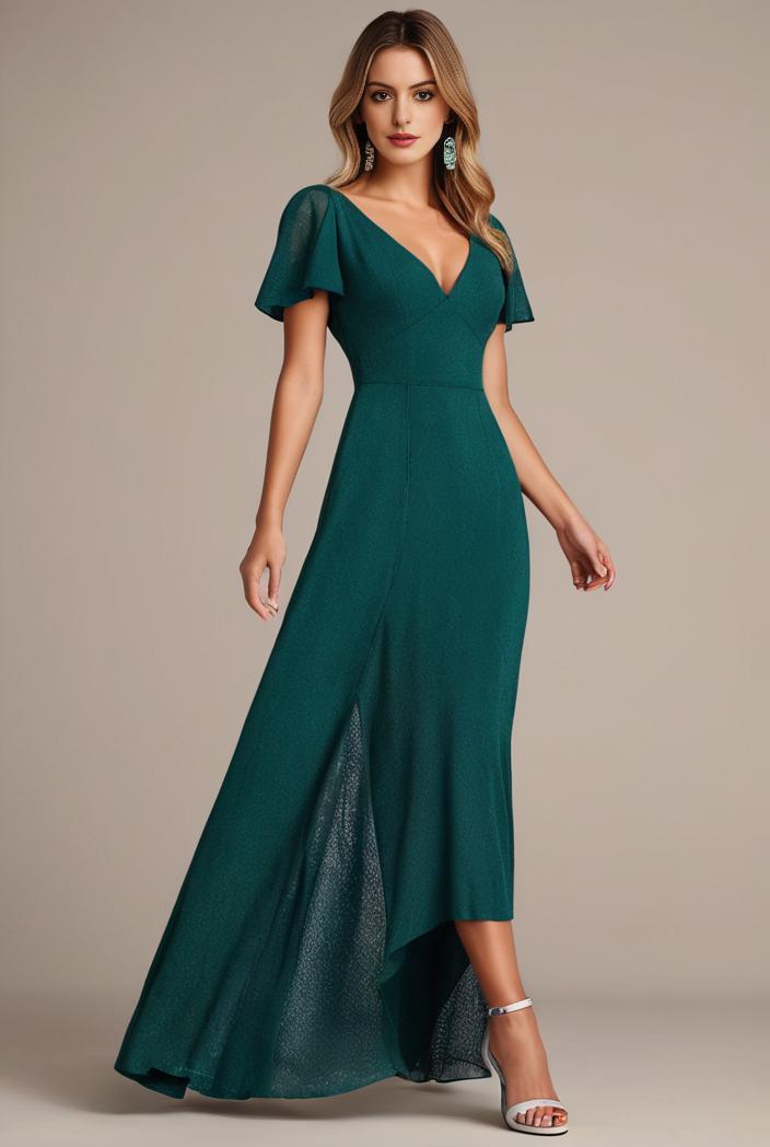 glitter high low front side slit ruffled v neck evening dress 126972