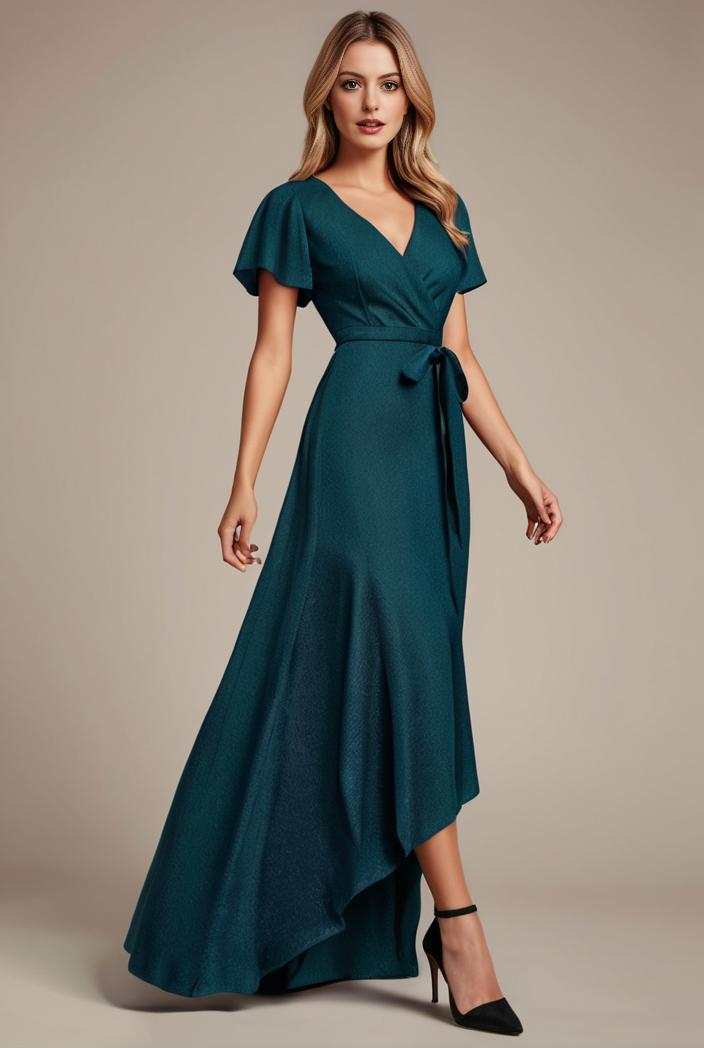 glitter high low front side slit ruffled v neck evening dress 126973