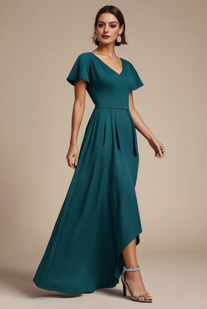 glitter high low front side slit ruffled v neck evening dress 126974
