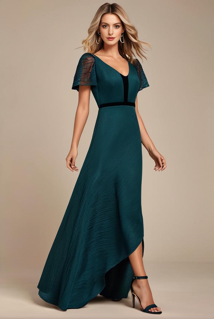 glitter high low front side slit ruffled v neck evening dress 126975