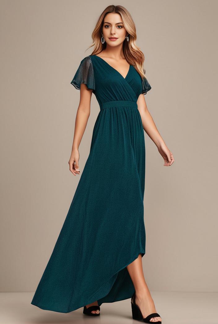 glitter high low front side slit ruffled v neck evening dress 126976