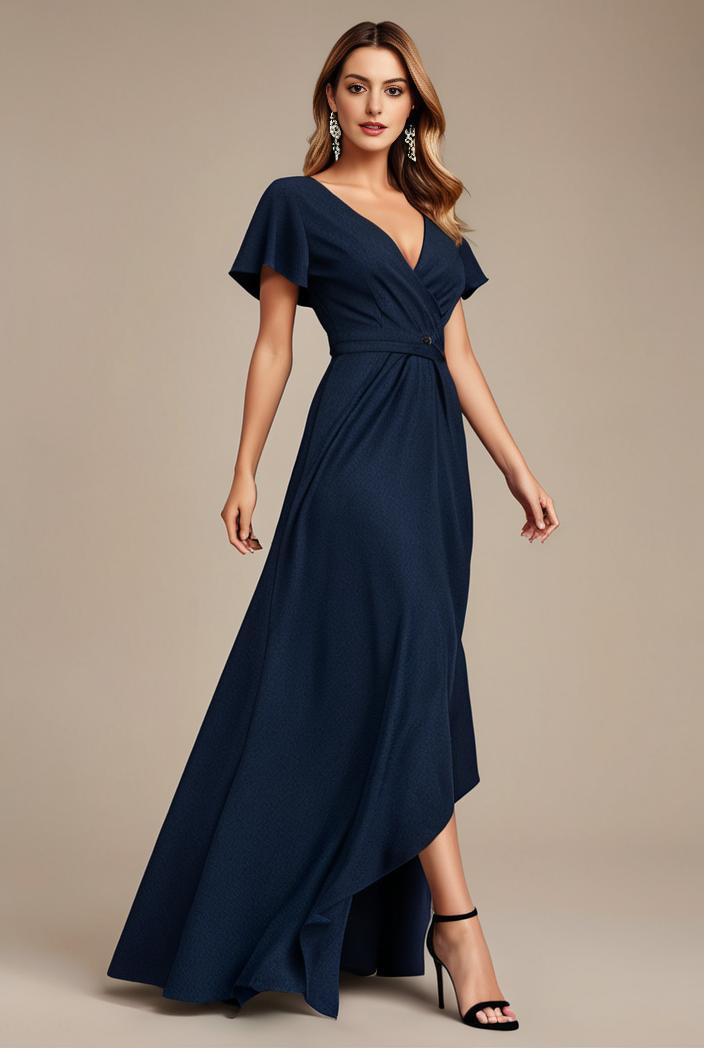 glitter high low front side slit ruffled v neck evening dress 126977